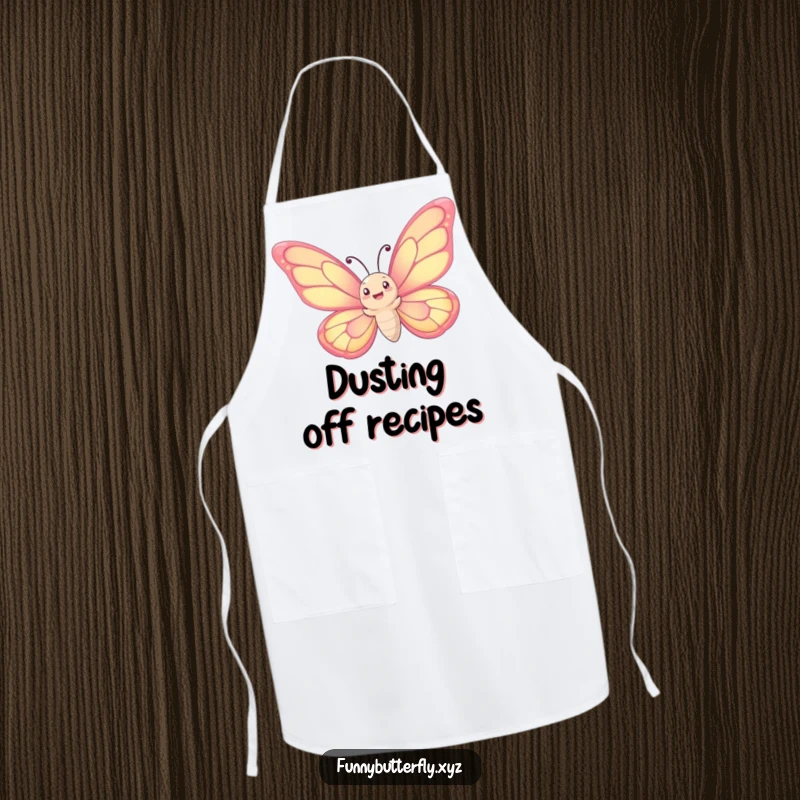 Funny apron: A whimsical butterfly with oversized wings joyfully spirals upwards into the sky, perfect for culinary flights of fancy.