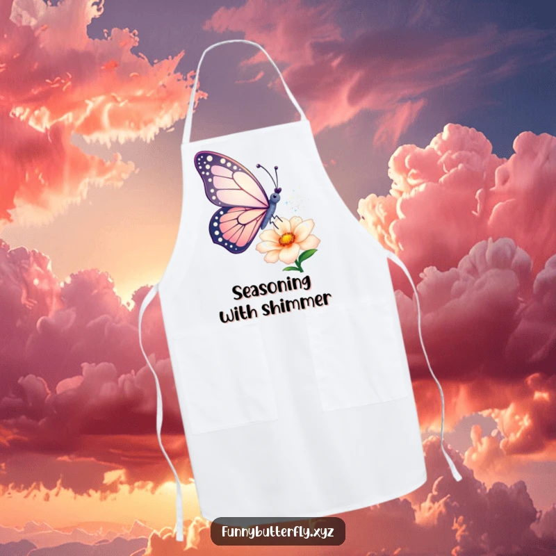 Funny apron: A butterfly artistically sprinkles sparkling dust from its wings onto a flower, perfect for culinary enchantment.