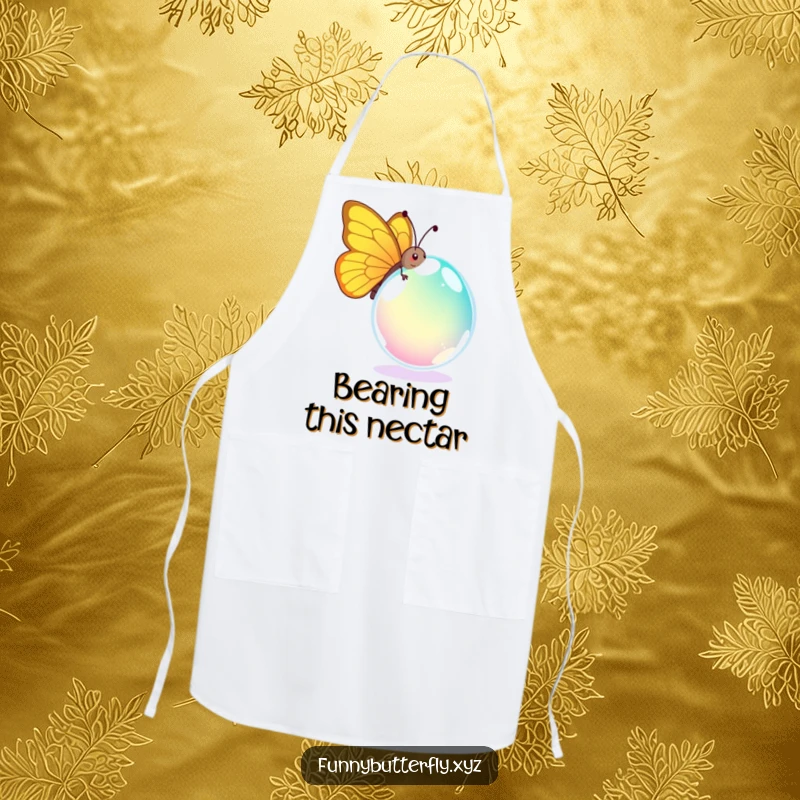 Funny apron showcasing a comical butterfly hilariously struggling with a giant, colorful dewdrop, perfect for a funny kitchen accessory.