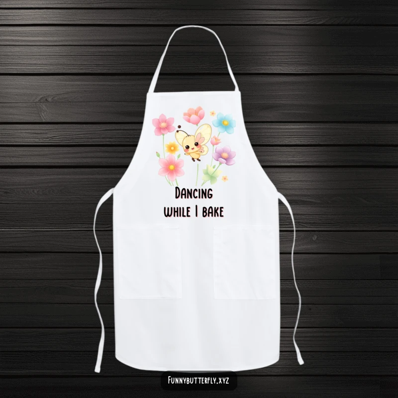 Funny tiny butterfly radiating cheerfulness, dancing amidst colorful petals, featured on a practical kitchen apron.