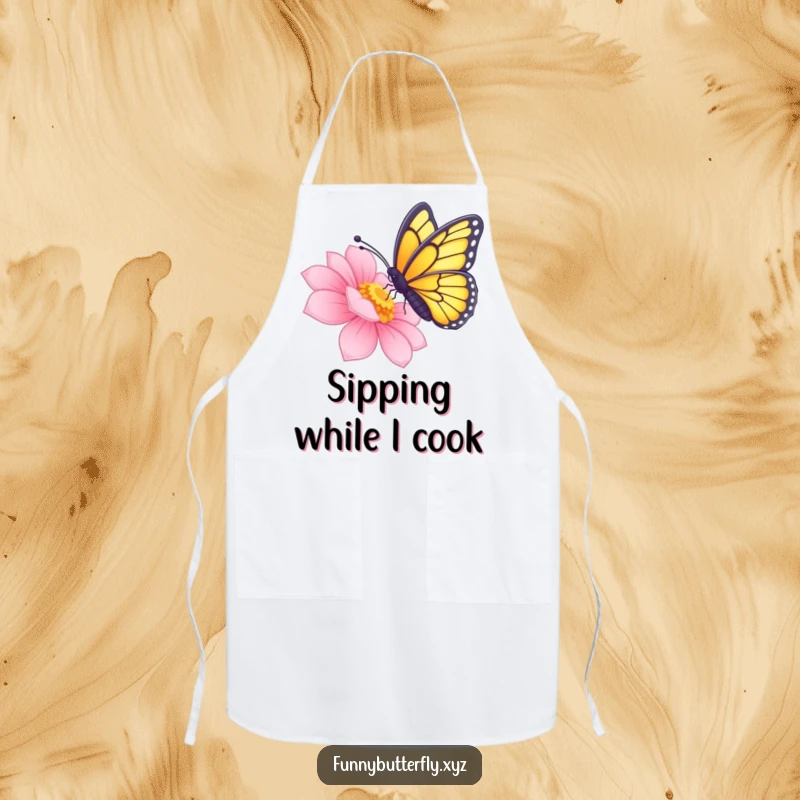 Funny butterfly with proboscis extended, sipping nectar from a radiant flower, featured on a practical kitchen apron.