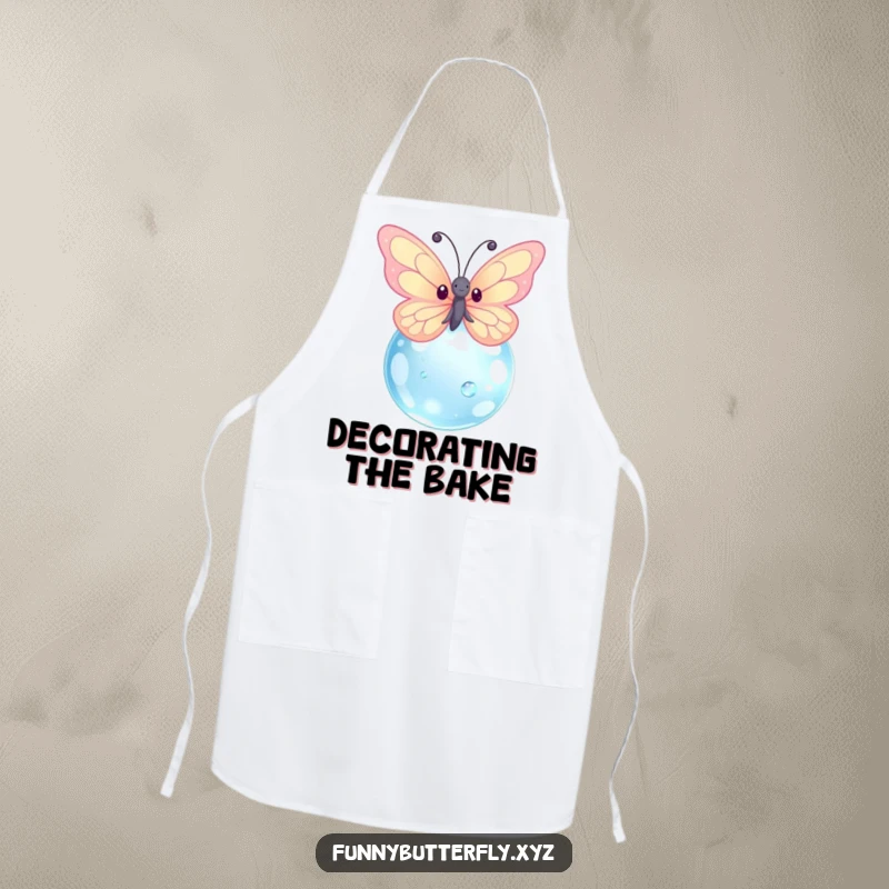 Funny kawaii butterfly with radiant sparkling wings hovering over a giant dewdrop, featured on a practical kitchen apron.