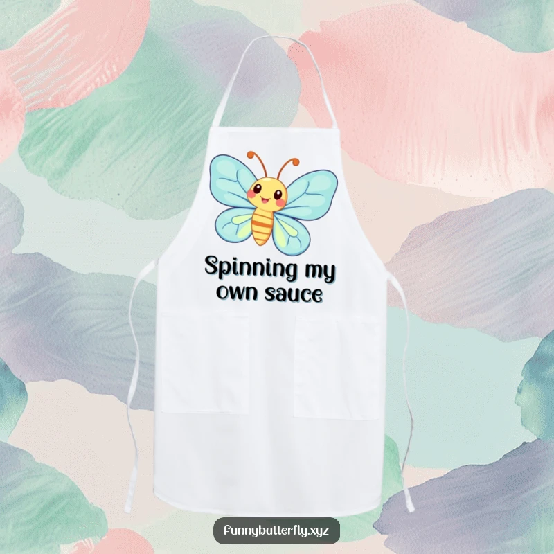 Funny whimsical butterfly with exaggerated antennae spinning joyfully, featured on a practical kitchen apron.