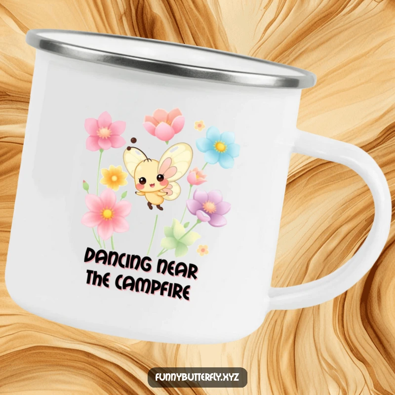 Funny cheerful butterfly dancing amidst colorful petals on a durable camping mug.