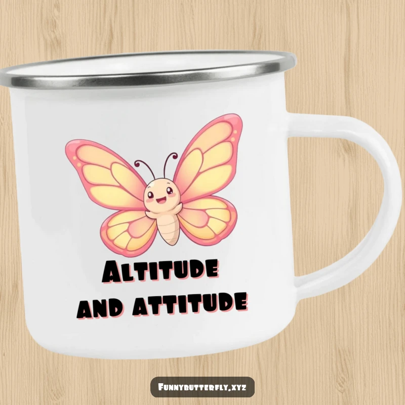 Funny camping mug: A whimsical butterfly with oversized wings joyfully spirals upwards into the sky, perfect for outdoor enjoyment.