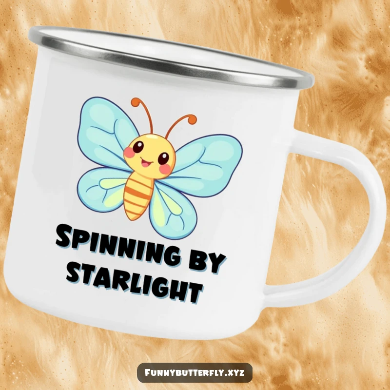 Funny whimsical butterfly with exaggerated antennae spinning joyfully, on a durable camping mug.