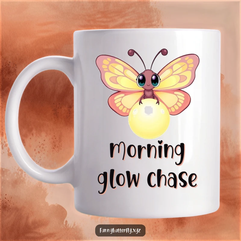 Funny mug depicting a wide-eyed, curious butterfly flitting around a mystical, glowing orb, evoking a sense of playful wonder.