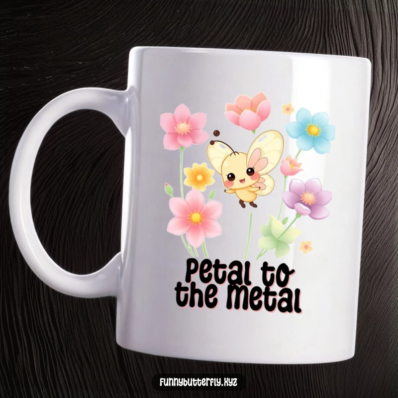 Funny, tiny butterfly with a cheerful expression joyfully dancing amidst a vibrant scattering of colorful petals on a mug.