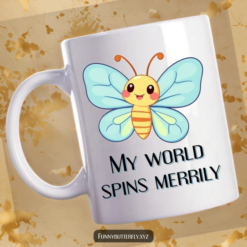 Funny whimsical butterfly with comically exaggerated antennae joyfully spinning around with delight on a mug.