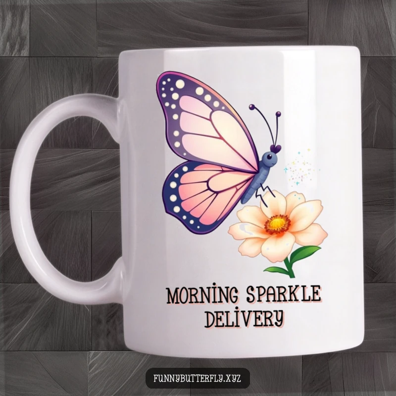 Funny mug: A butterfly artistically sprinkles shimmering dust from its wings onto a delicate flower, creating a magical scene.