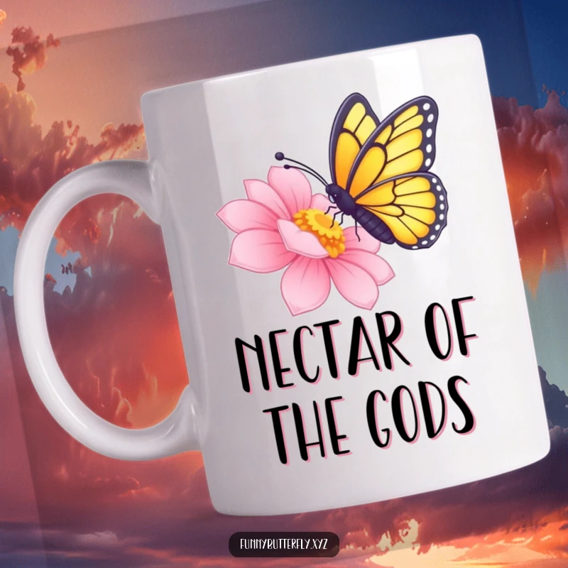 Funny butterfly extending its long proboscis to delicately sip nectar from a brightly colored, radiant flower on a mug.