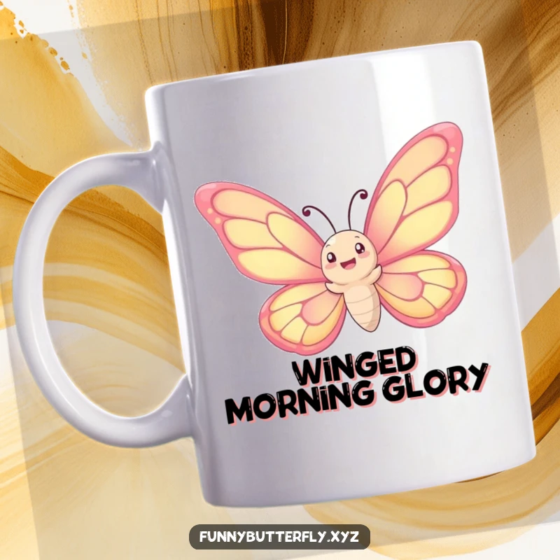 Funny mug: A whimsical butterfly with oversized wings joyfully spirals upwards into a bright blue sky, conveying freedom and delight.