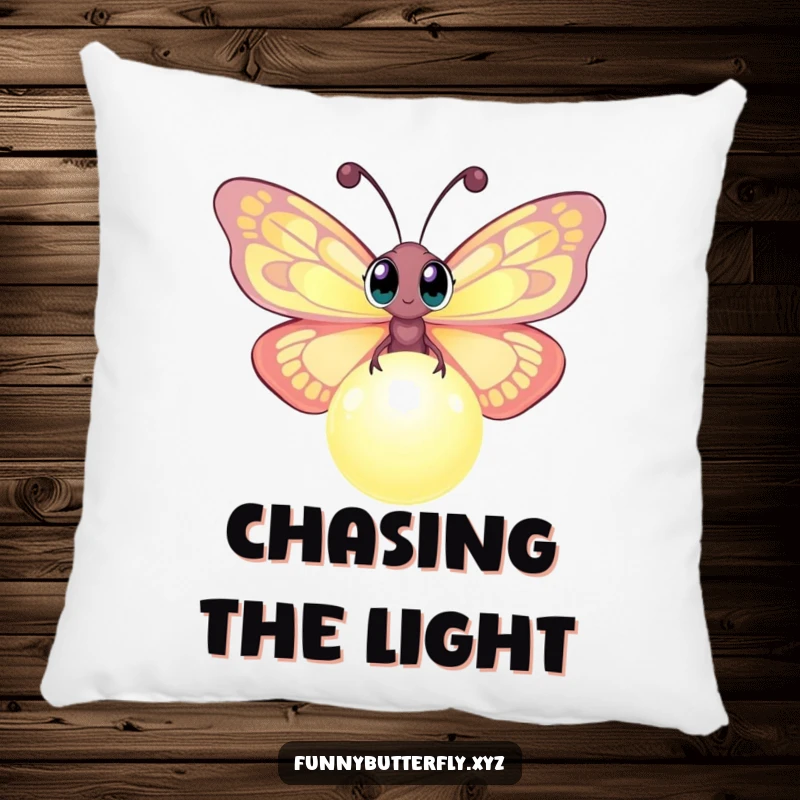 Funny pillow illustrating a curious butterfly with large eyes hovering near a luminous, glowing orb, a soft and magical accent.