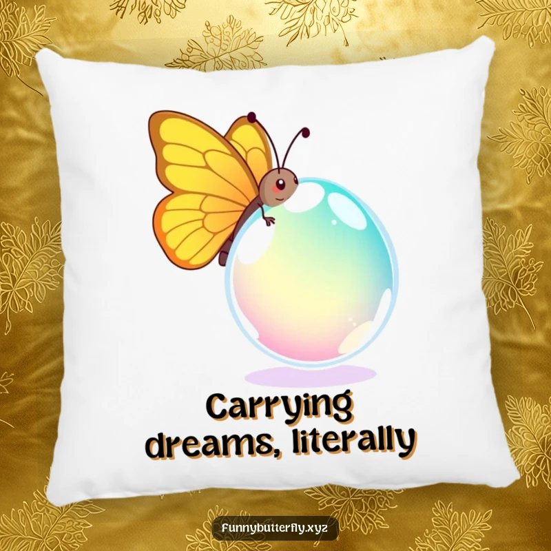 Funny pillow featuring a comical butterfly humorously attempting to carry a huge, vibrant dewdrop, a soft and amusing decorative piece.