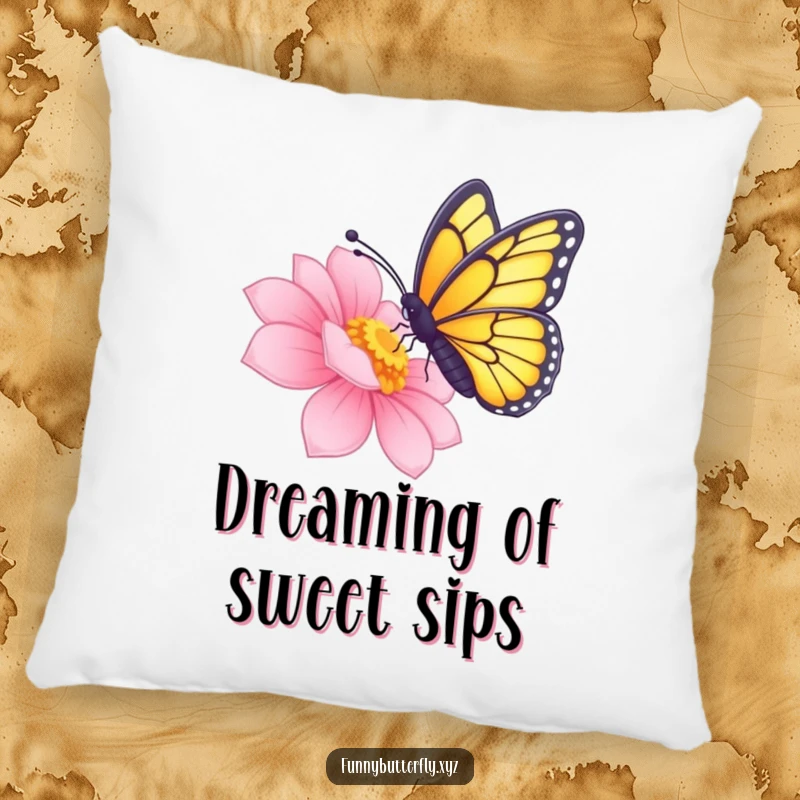 Soft pillow featuring a funny butterfly delicately sipping nectar from a radiant flower.