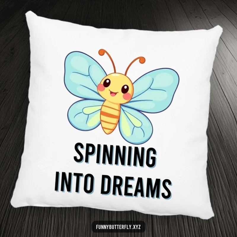 Soft pillow depicting a funny, whimsical butterfly with exaggerated antennae spinning joyfully.