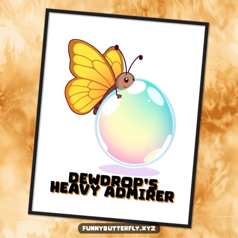 Funny digital art print of a comical butterfly hilariously attempting to carry a massive dewdrop, an instant humorous decoration.