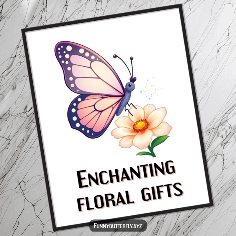 Funny digital art print: A butterfly artistically sprinkles glittering dust from its wings onto a flower, creating a beautiful and humorous illustration.