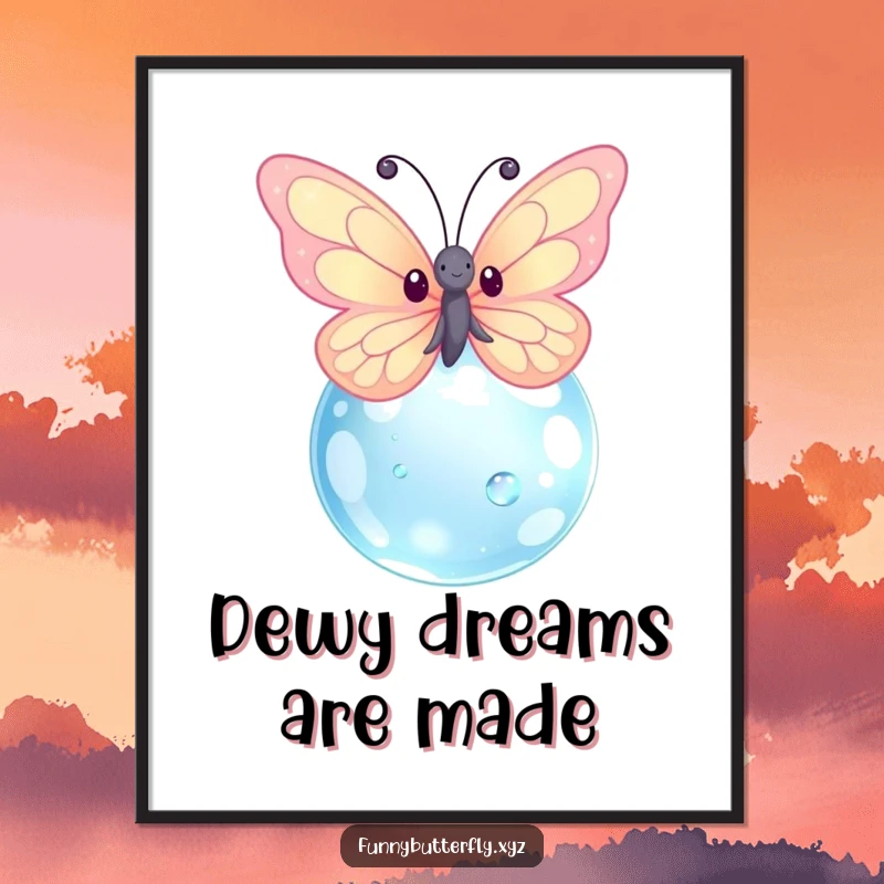 Funny kawaii butterfly with dazzling sparkling wings fluttering around a colossal dewdrop, presented as high-quality digital art.
