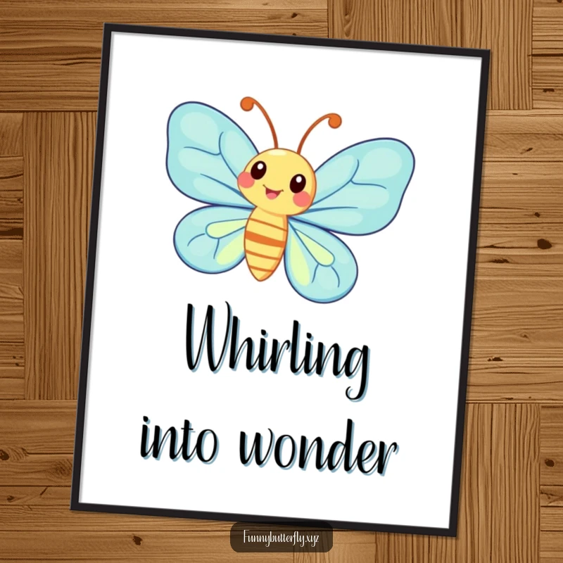 Funny whimsical butterfly with exaggerated antennae spinning joyfully, presented as downloadable art.
