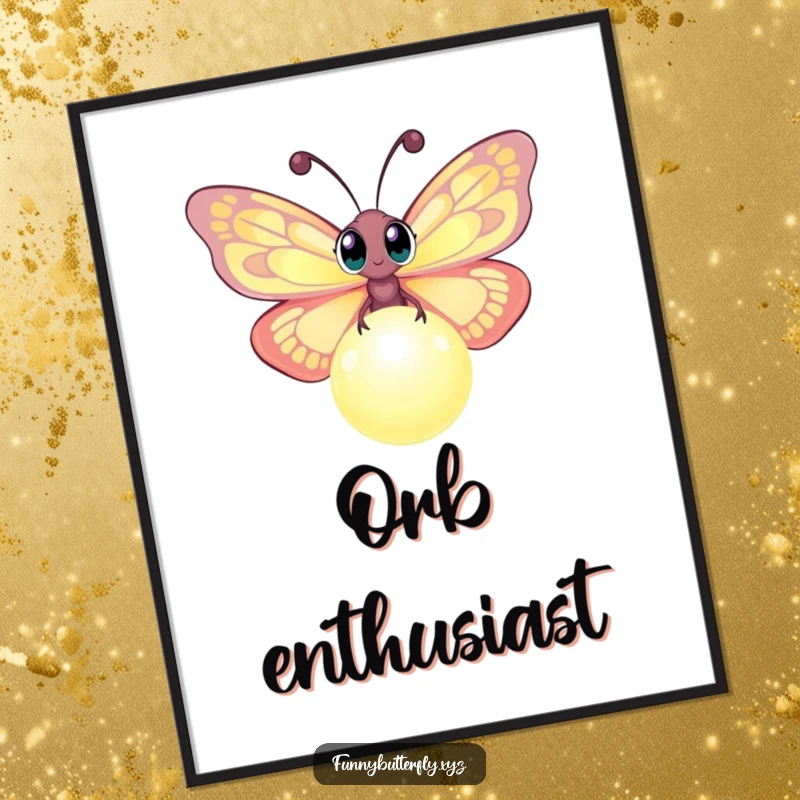 Funny digital art print of a curious butterfly with wide eyes flitting around a glowing orb, an instantly enchanting decoration.