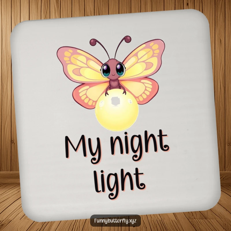 Funny coaster featuring a curious butterfly with wide eyes exploring a glowing orb, a magical and practical home accent.