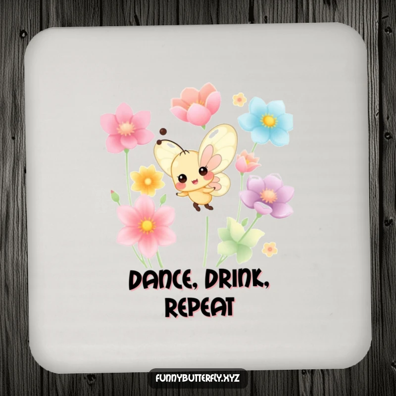 Funny tiny butterfly with a cheerful expression dancing joyfully among colorful flower petals, on a drink coaster.