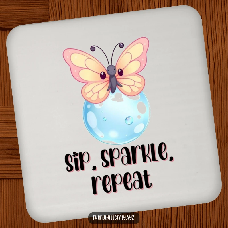 Funny kawaii butterfly with shining sparkling wings hovering around a giant dewdrop, featured on a protective drink coaster.