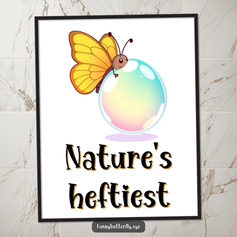 Funny poster depicting a comical butterfly hilariously trying to lift a giant, colorful dewdrop, a humorous and artistic representation of effort.