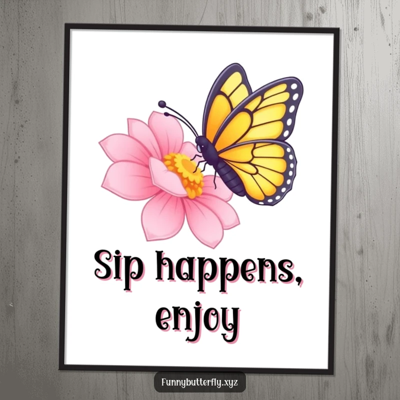 Funny butterfly extending its proboscis to sip nectar from a radiant flower, presented as captivating wall art.