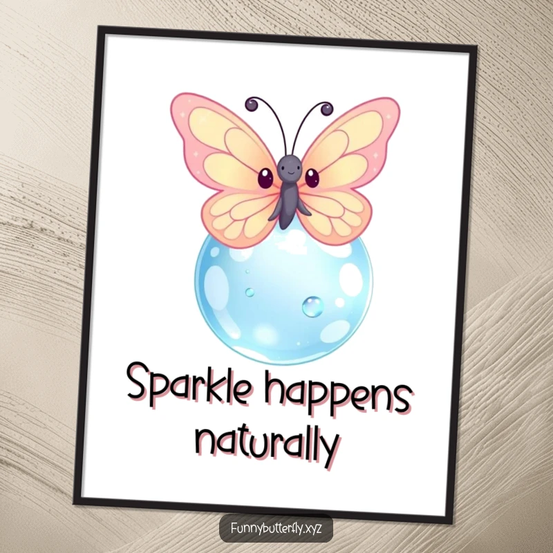 Funny kawaii butterfly with brilliant sparkling wings fluttering around a giant dewdrop, captured as beautiful wall art.
