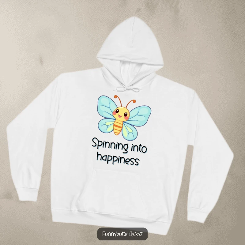 Cozy hoodie featuring a funny, whimsical butterfly with exaggerated antennae spinning joyfully.