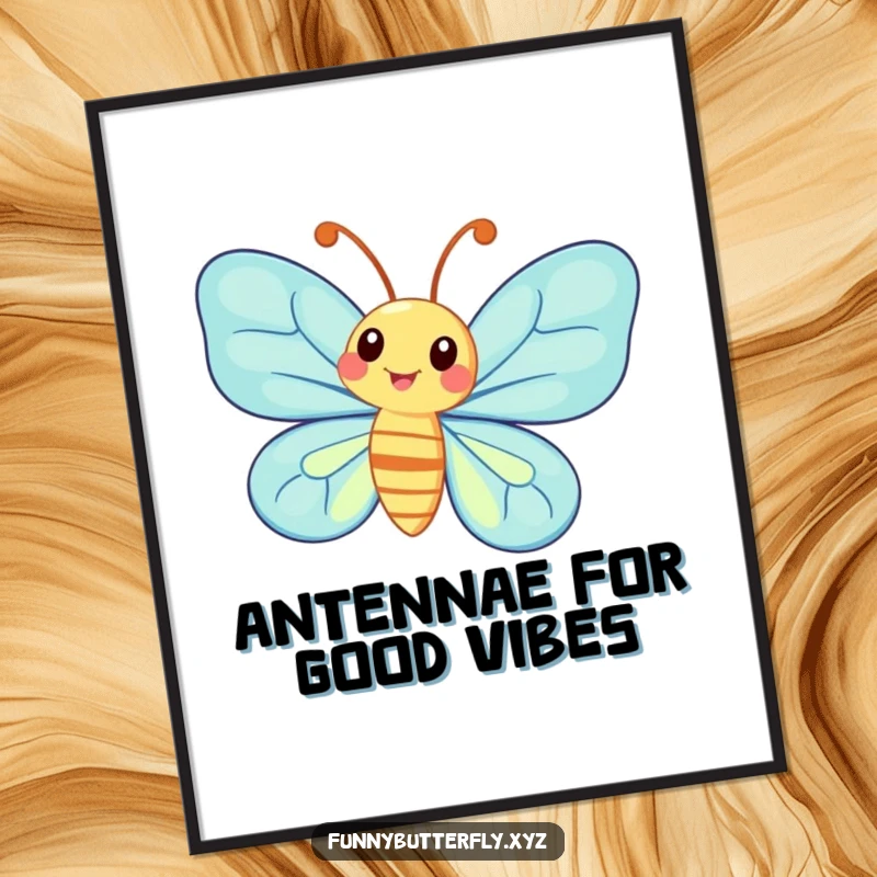 Funny Free Printable Wall Art of a whimsical butterfly with oversized antennae, captured in a joyful spinning pose.