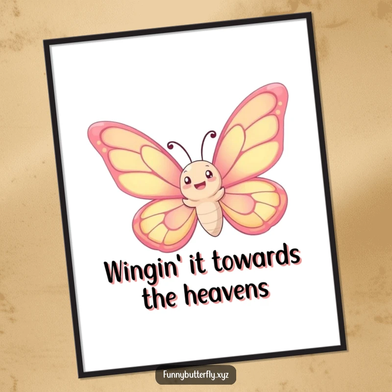 Free Printable Wall Art: A whimsical butterfly with enormous wings joyfully spiraling upwards into a vast, clear sky.