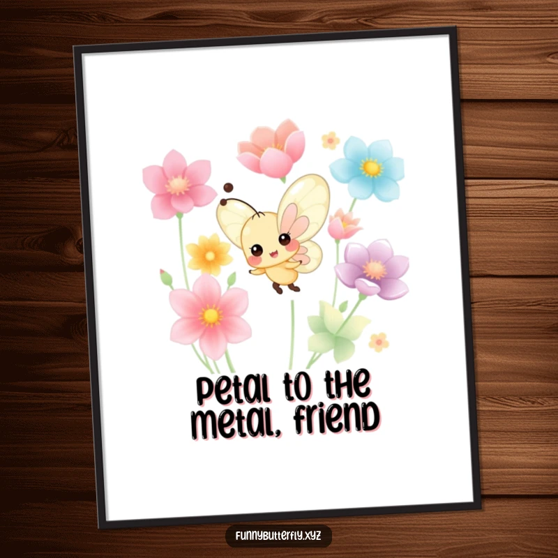 Funny Free Printable Wall Art of a tiny, cheerful butterfly joyfully dancing amongst a beautiful arrangement of colorful flower petals.