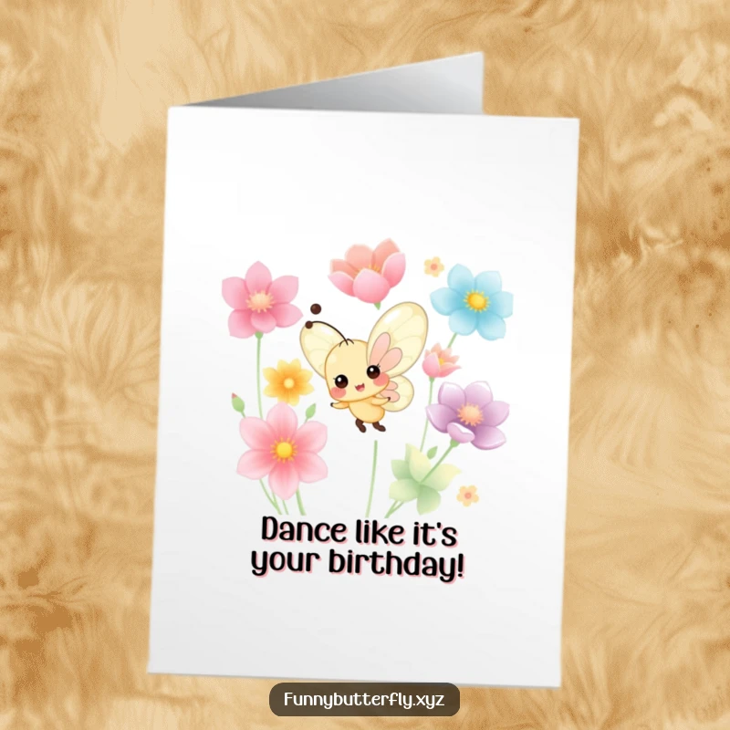 Funny Free Printable Birthday Card featuring a tiny, cheerful butterfly dancing happily amidst a swirl of colorful flower petals.