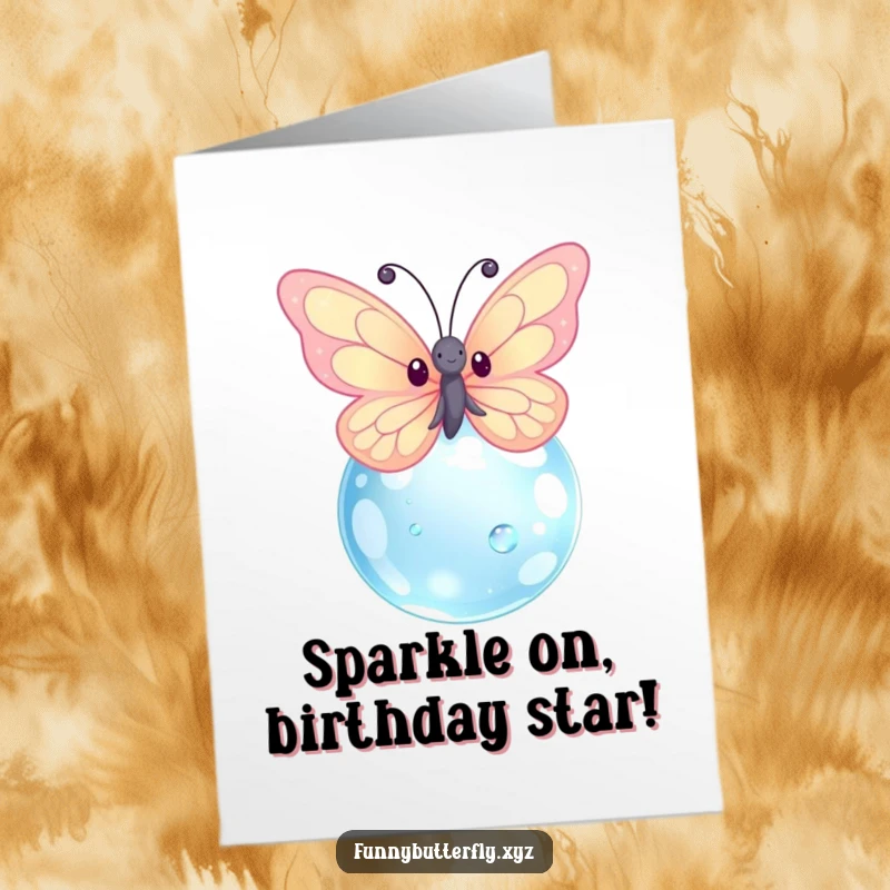 Funny Free Printable Birthday Card featuring a kawaii butterfly with sparkling wings, fluttering joyfully around a giant dewdrop.
