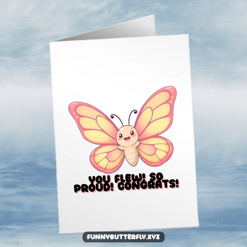 Free Printable Congratulations Card: Whimsical butterfly with oversized wings spiraling upwards, celebrating success.