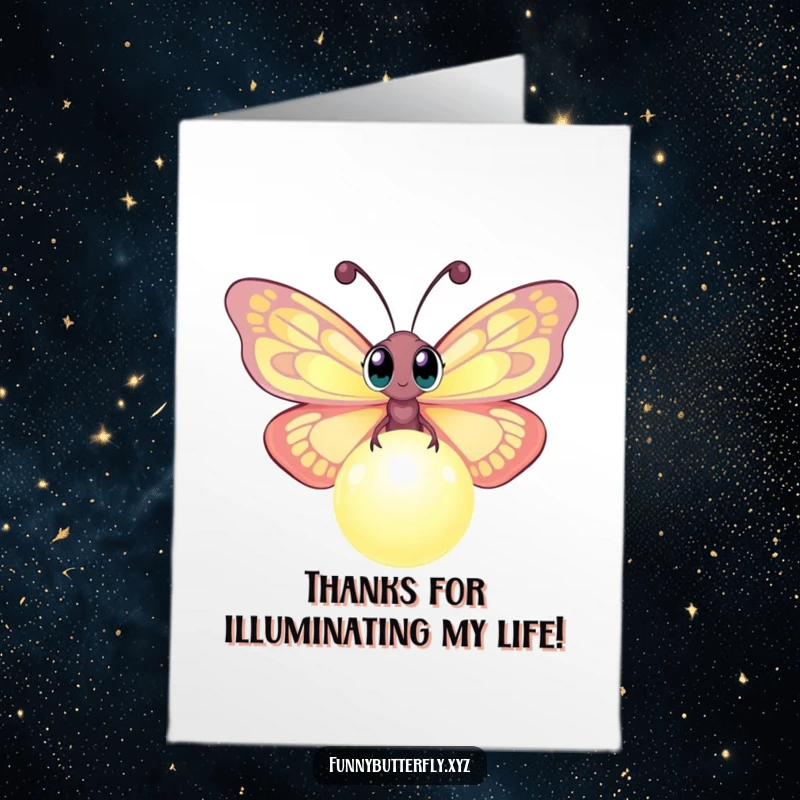 Magical Free Printable Thank You Card: A curious butterfly with wide eyes investigates a softly glowing orb, expressing wonder.