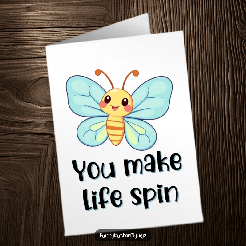 Funny Free Printable Thank You Card illustrating a whimsical butterfly with prominent antennae, joyfully spinning around in celebration.