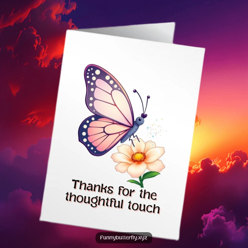 Free Printable Thank You Card: Butterfly artistically sprinkling magical dust from its wings onto a flower with appreciation.