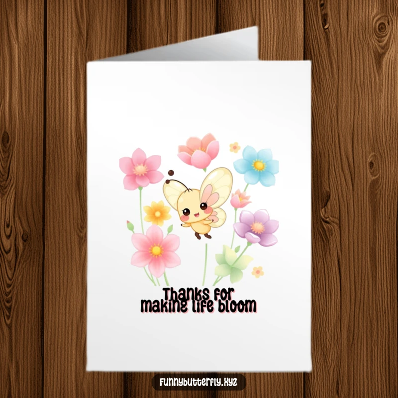 Funny Free Printable Thank You Card depicting a tiny, cheerful butterfly gracefully dancing amidst a cluster of colorful flower petals.