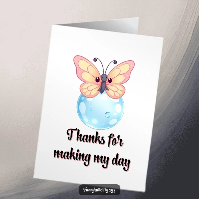 Funny Free Printable Thank You Card depicting a kawaii butterfly with sparkling wings, fluttering playfully near a giant dewdrop illustration.