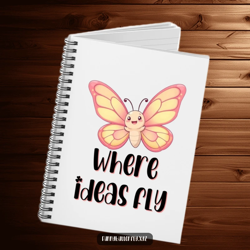 Funny notebook: A whimsical butterfly with oversized wings joyfully spirals upwards into the sky, ideal for writing and sketching.