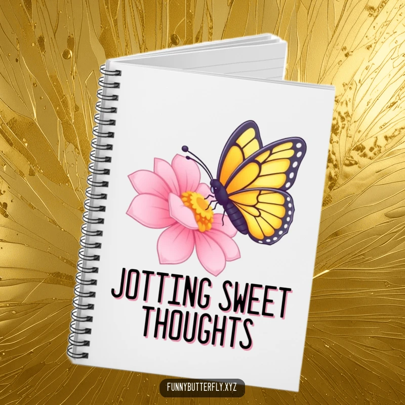 A funny butterfly extending its proboscis to sip nectar from a radiant flower, on the cover of a notebook.