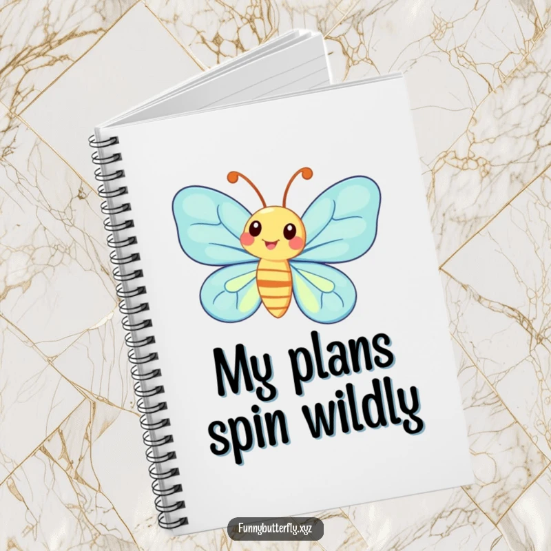 Funny whimsical butterfly with exaggerated antennae spinning joyfully on the cover of a notebook.