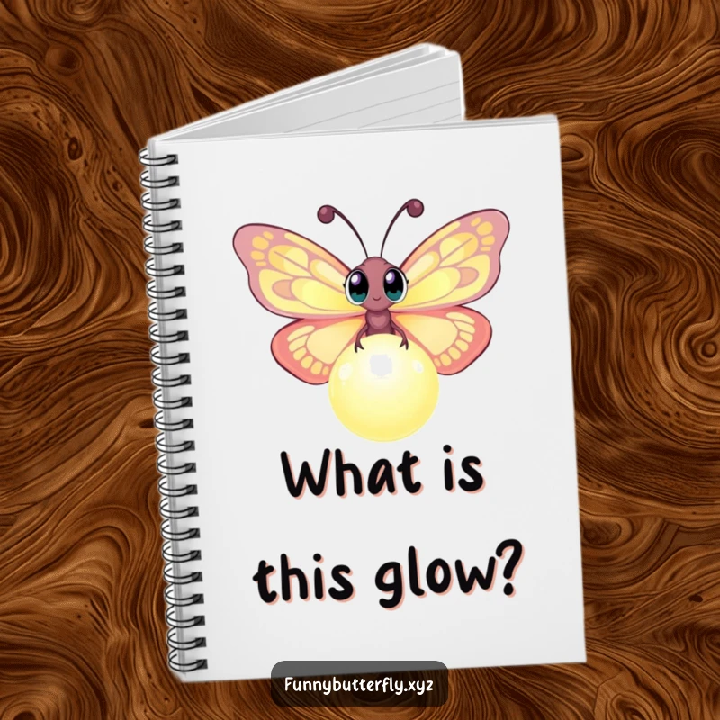 Funny notebook featuring a curious butterfly with large eyes fluttering around a glowing orb, ideal for capturing magical thoughts.
