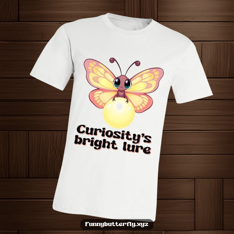 Funny t-shirt featuring a curious butterfly with wide eyes exploring a radiant, glowing orb, a whimsical and funny design.