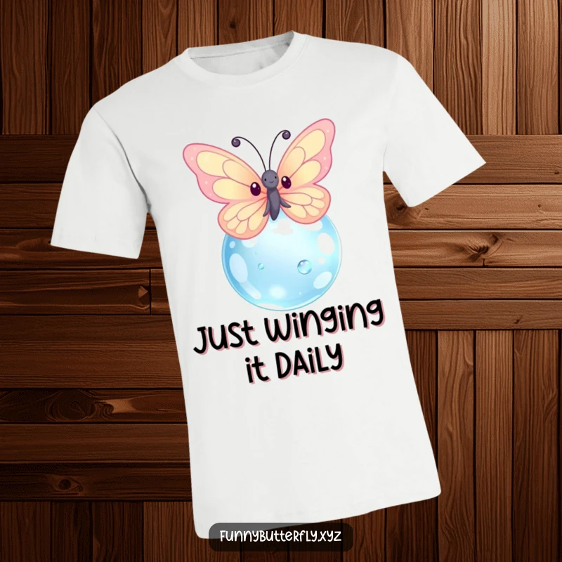 Funny kawaii butterfly with shimmering wings fluttering enchantingly around a huge dewdrop on a comfortable t-shirt.