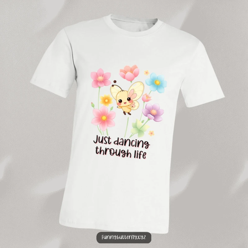 A tiny, funny butterfly with a beaming smile dancing happily among a flurry of colorful flower petals on a t-shirt.